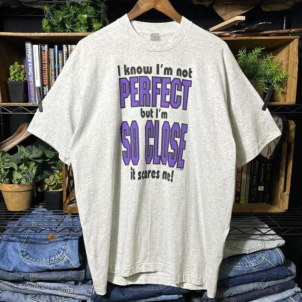 Vintage 90s Single Stitch Funny Comedy Text Tee Gray and Purple Shirt Mens XL
